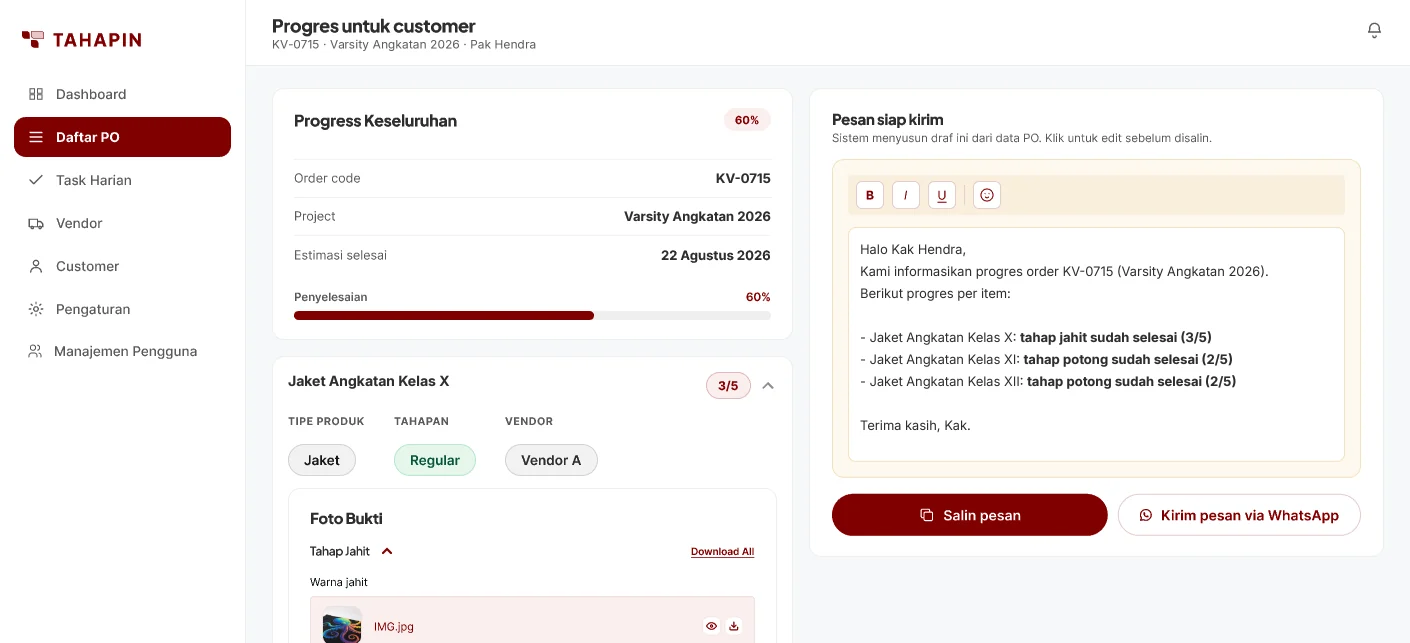 Kartu progres PO dan pesan progres siap kirim ke WhatsApp