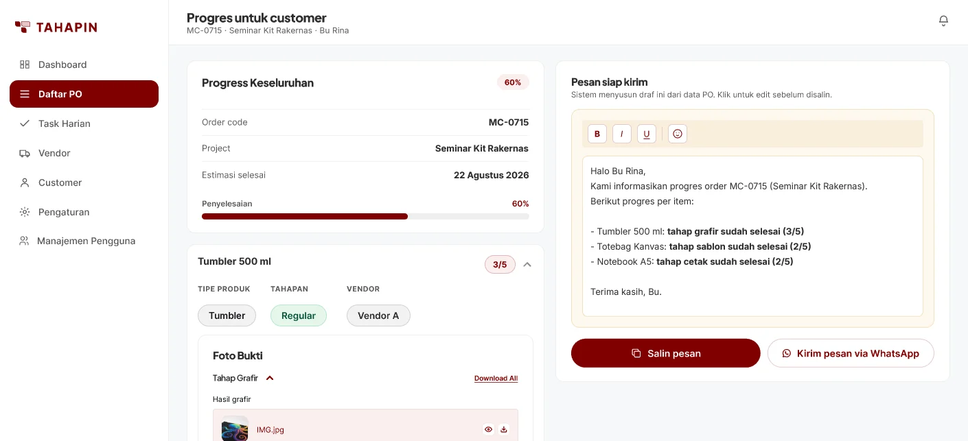 Kartu progres order merchandise dan pesan progres siap kirim