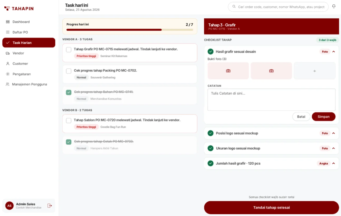 Daftar task harian per vendor dan checklist tahap dengan foto bukti